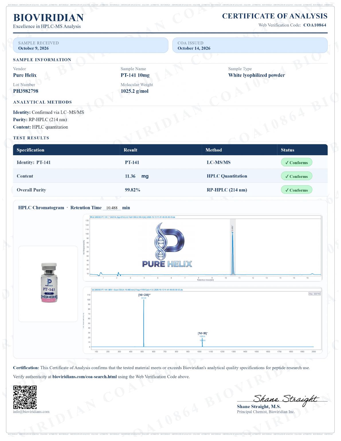 Signed certificate of analysis for PT-141 10mg, lot PH3982798