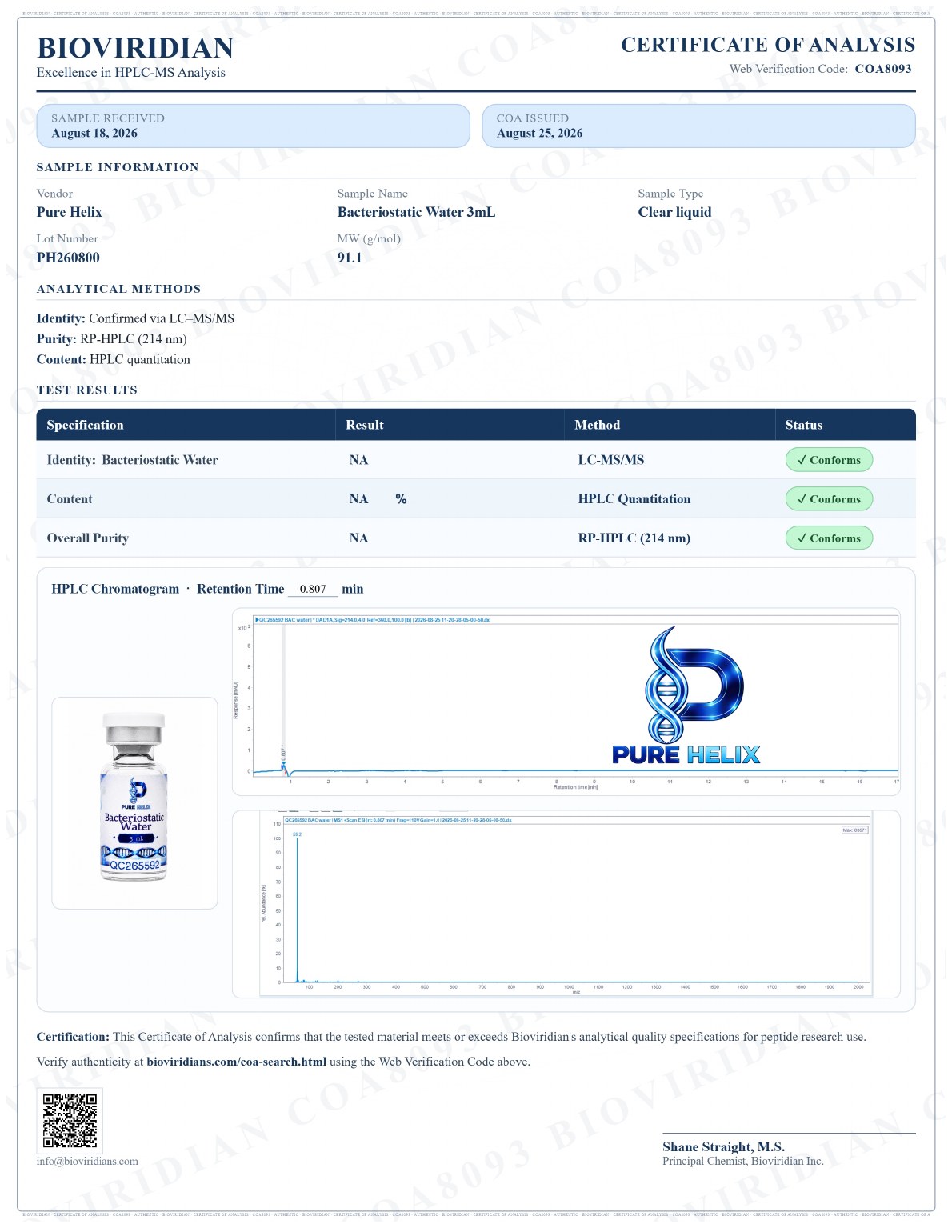Signed certificate of analysis for BAC Water 3 mL, lot PH260800