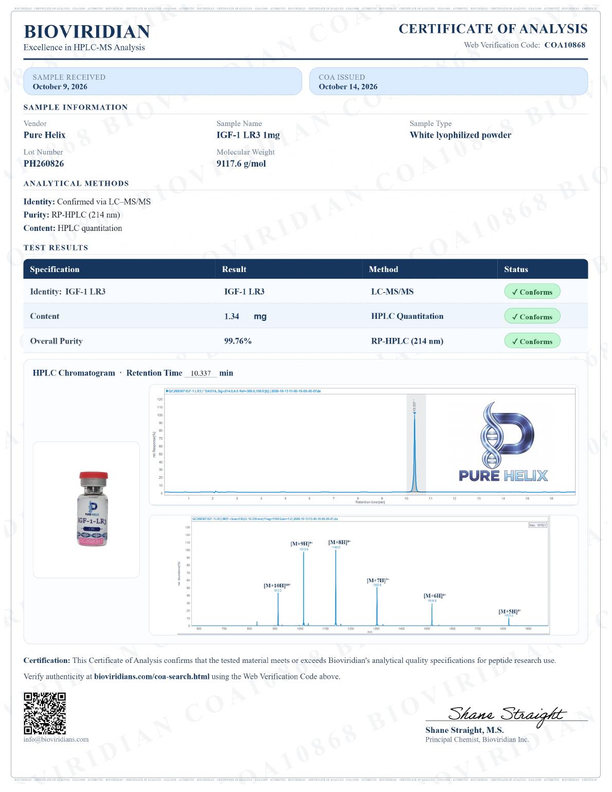 Signed certificate of analysis for IGF-1 LR3 1mg, lot PH260826