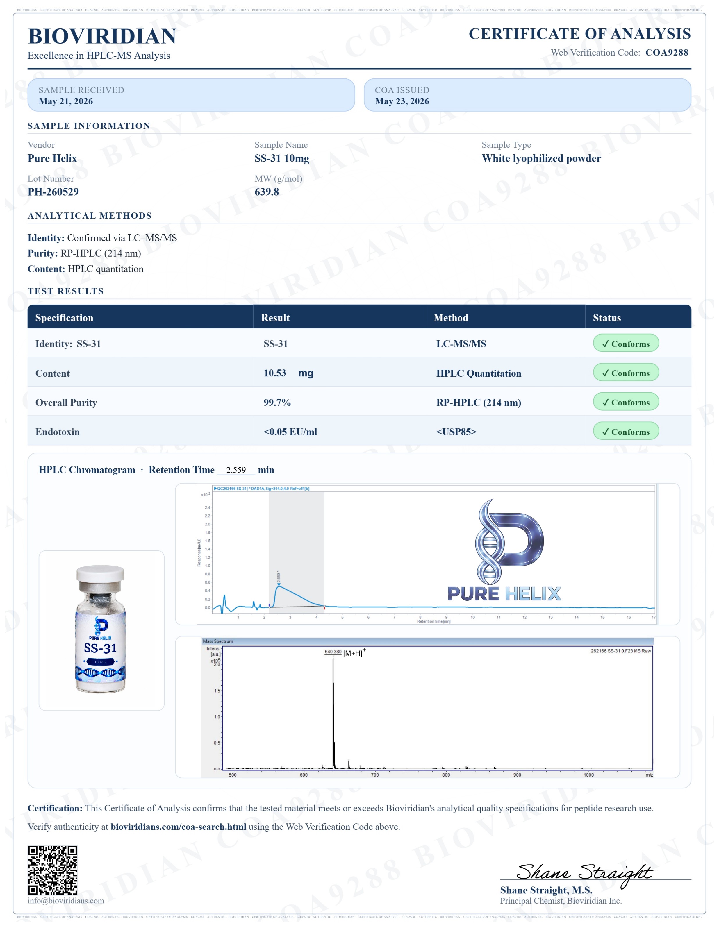 Certificate of analysis for SS-31, lot PH-260529