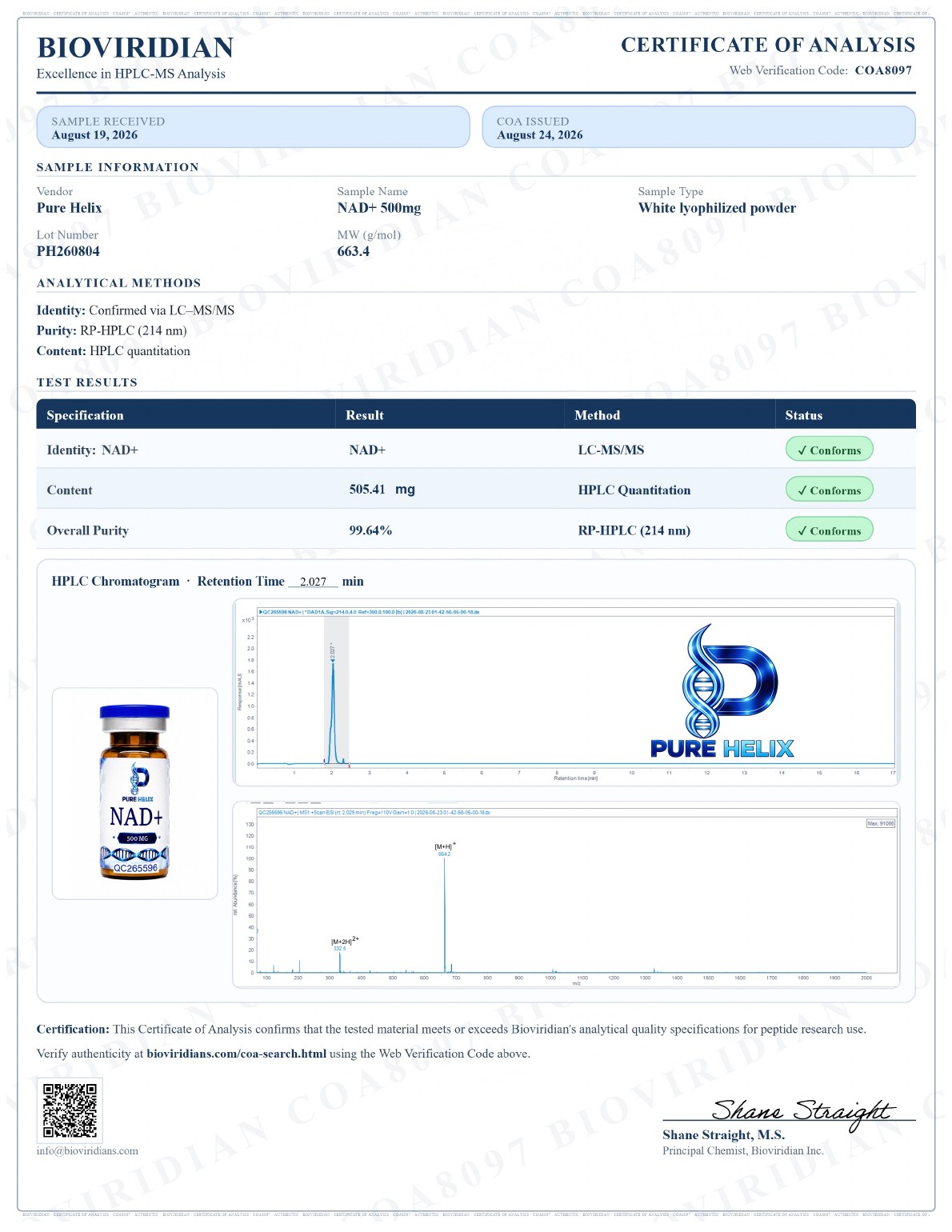 Signed certificate of analysis for NAD+ 500mg, lot PH260804