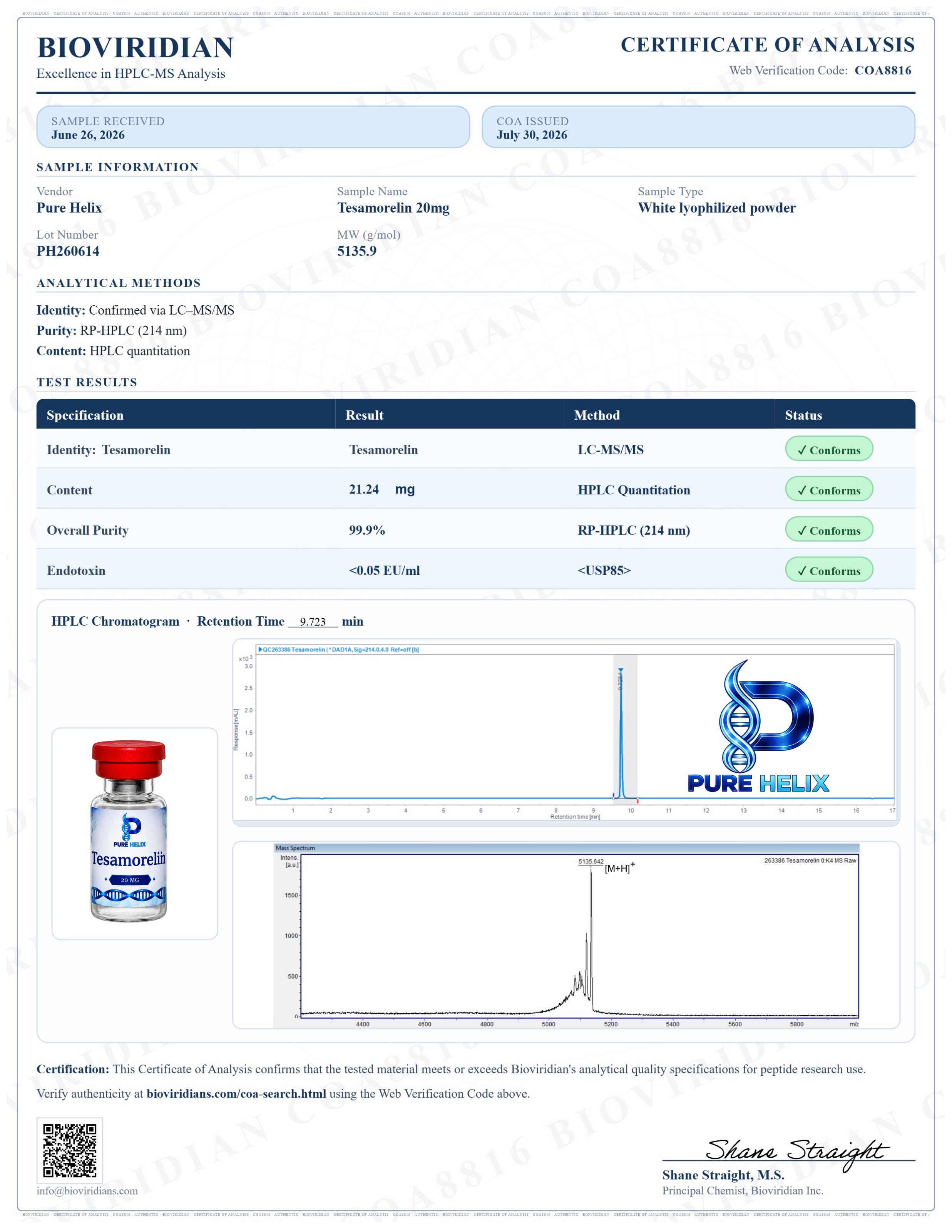 Signed certificate of analysis for Tesamorelin 20mg, lot PH260614