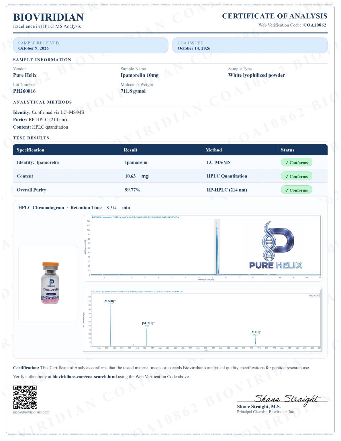 Signed certificate of analysis for Ipamorelin 10mg, lot PH260816