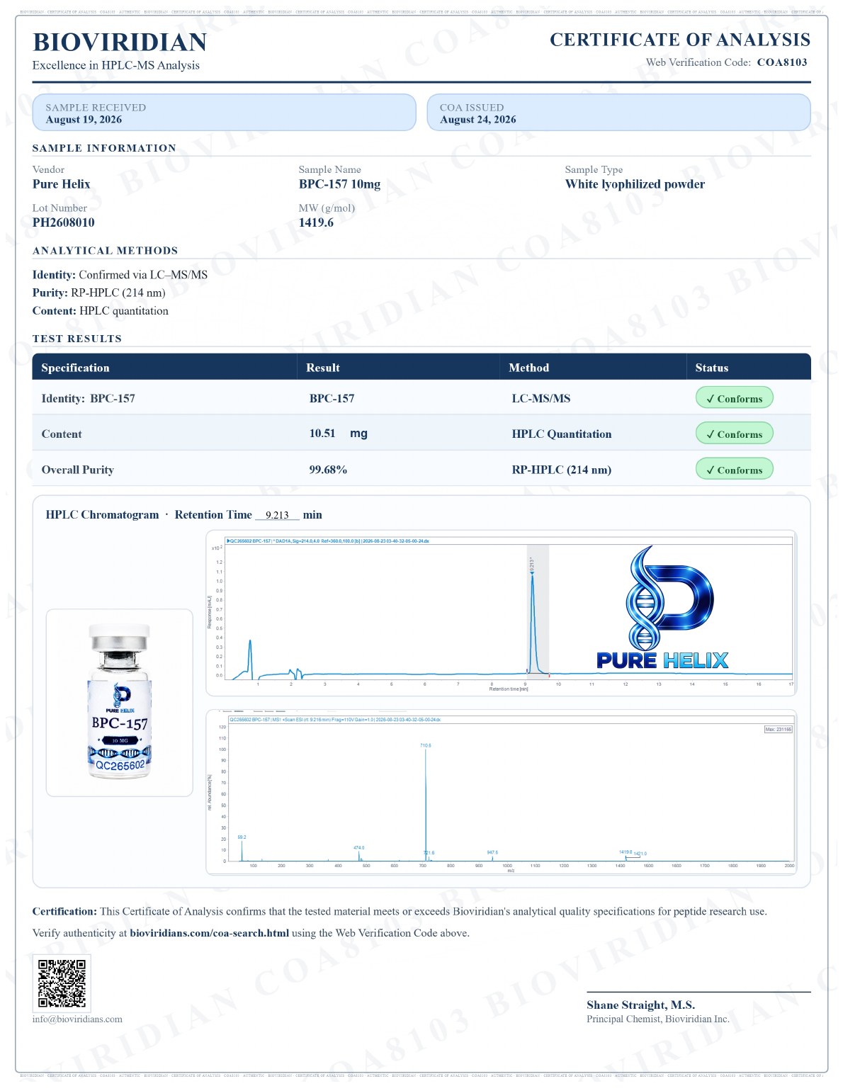 Signed certificate of analysis for BPC-157 10mg, lot PH2608010