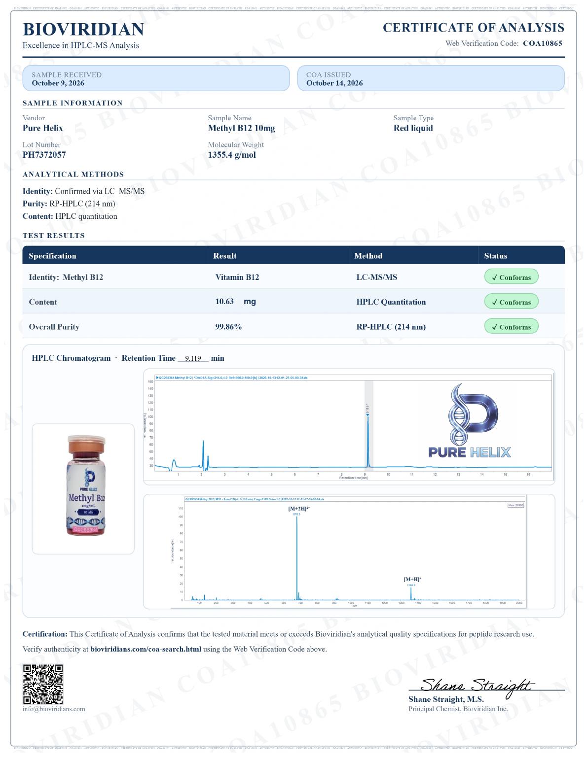 Signed certificate of analysis for Methyl B12 10mg, lot PH7372057