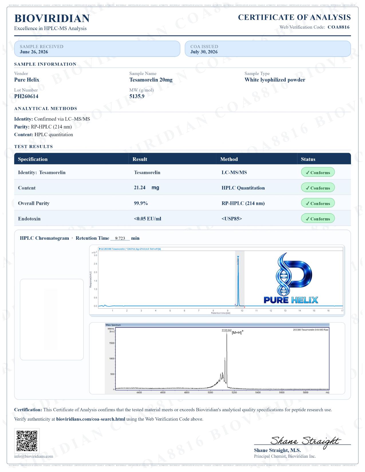 Signed certificate of analysis for Tesamorelin 20mg, lot PH260614