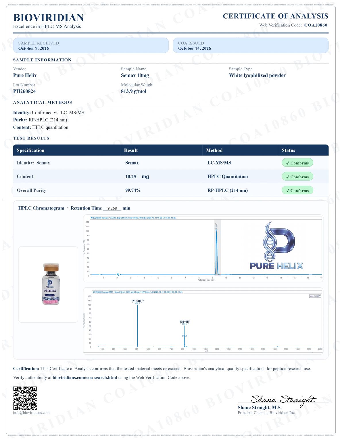 Signed certificate of analysis for Semax 10mg, lot PH260824