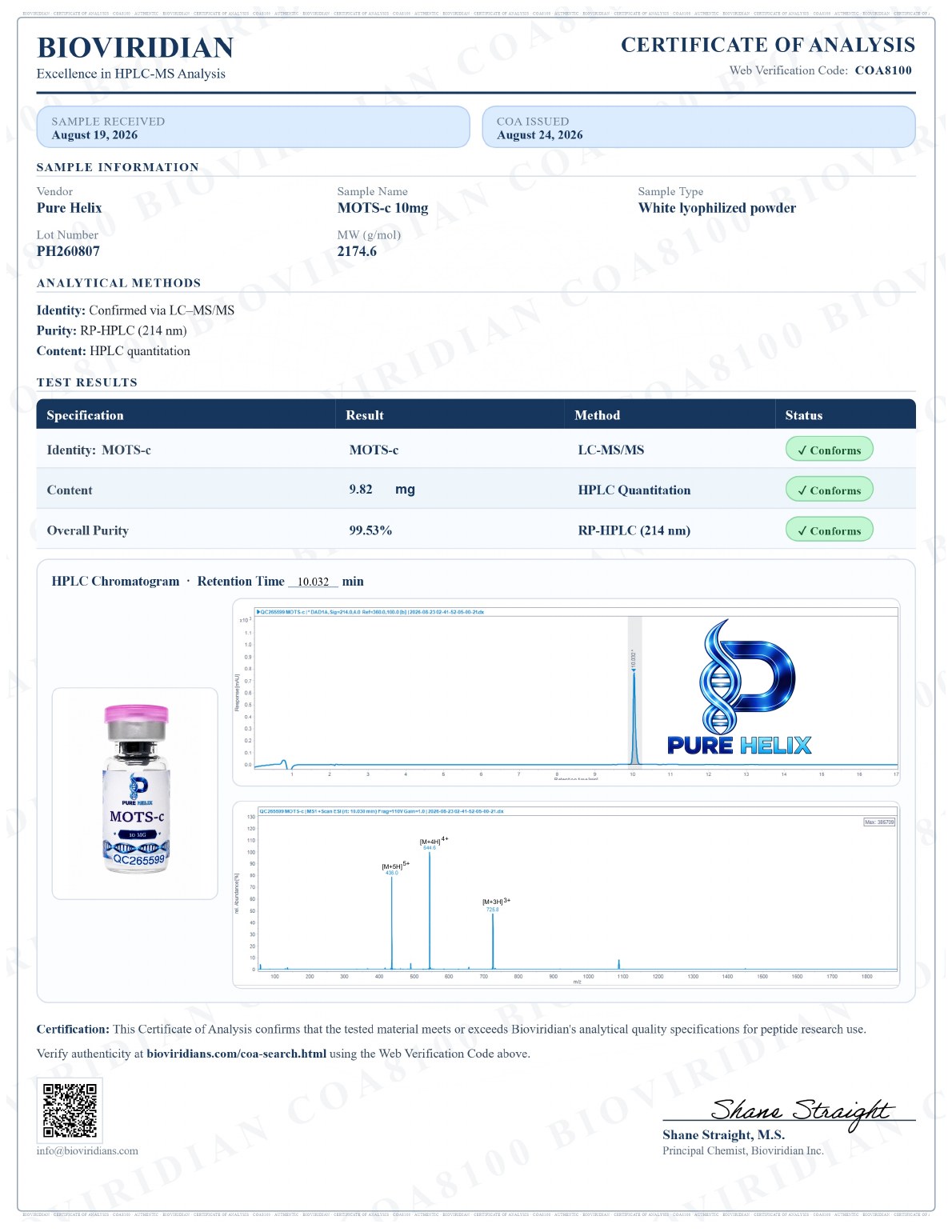 Signed certificate of analysis for MOTS-c 10mg, lot PH260807