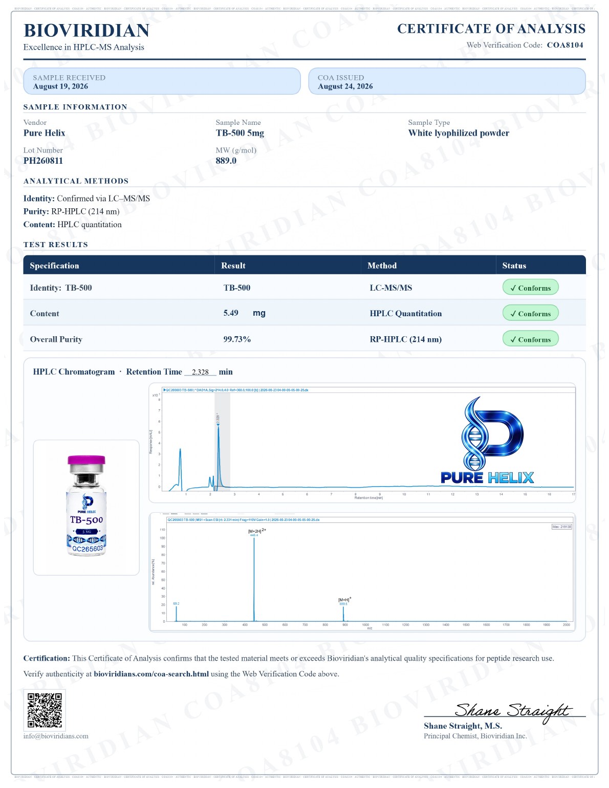 Signed certificate of analysis for TB-500 5mg, lot PH260811