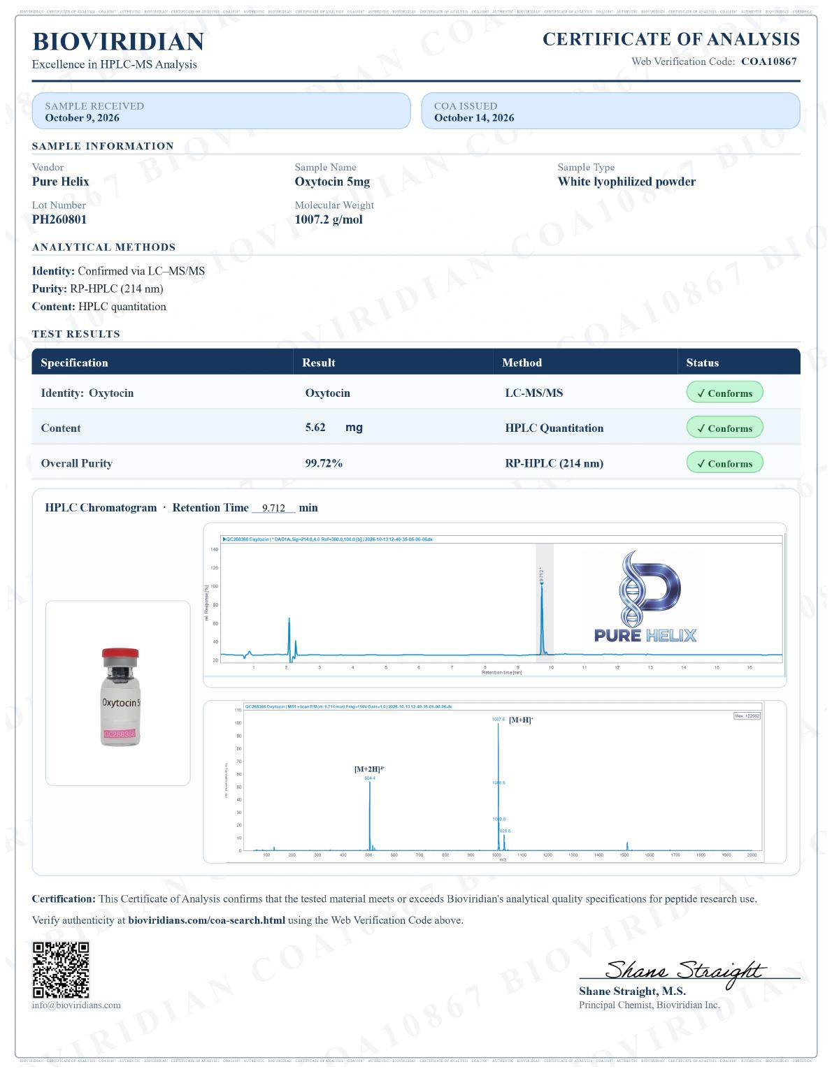 Signed certificate of analysis for Oxytocin Acetate 5mg, lot PH260801