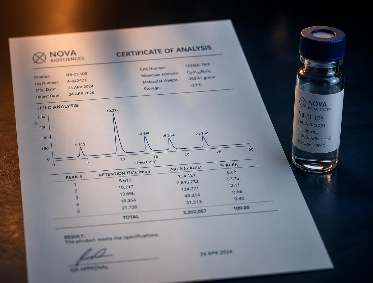 Printed certificate of analysis with an HPLC chromatogram beside a labelled research vial