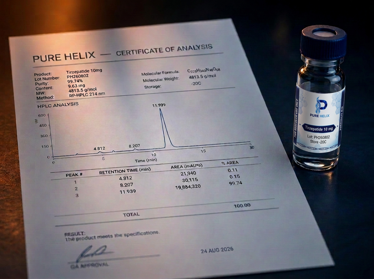 Pure Helix certificate of analysis for Tirzepatide 10 mg lot PH260802 showing the HPLC chromatogram beside the labelled vial