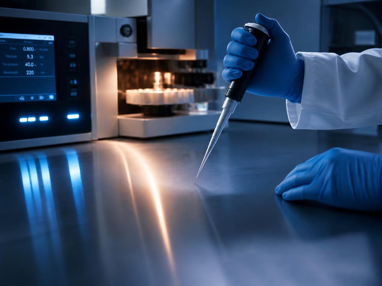 Gloved hands running a purity assay at an analytical bench